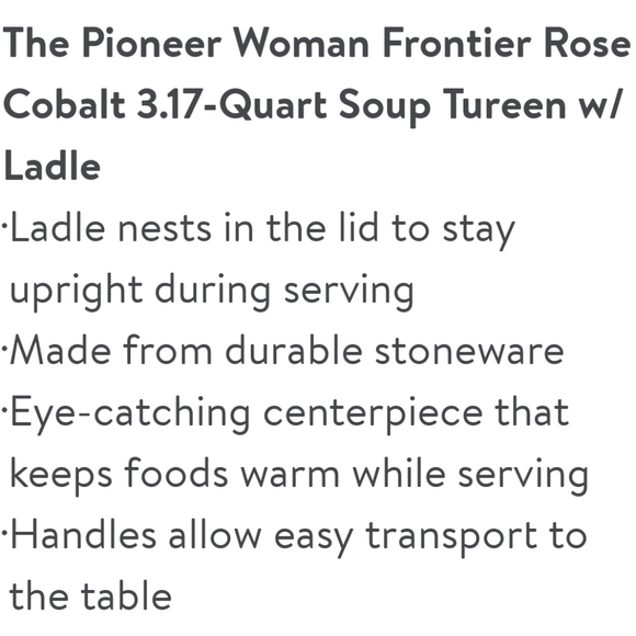 ❤️ New Pioneer Woman Frontier Rose Cobalt Soup Tureen with Ladle - Picture 4 of 6